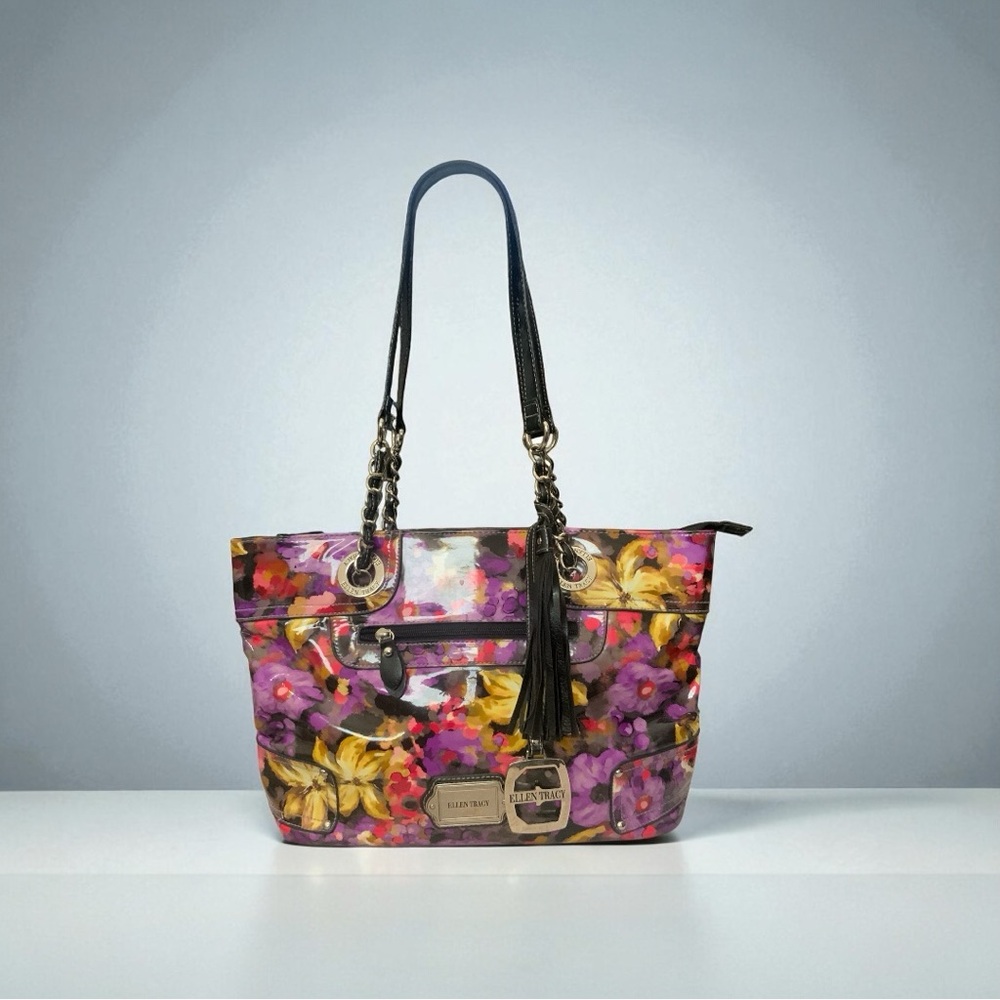 Ellen Tracy Faux Patent Floral Tote-Chain Strap-Purple Spring-Retail $69